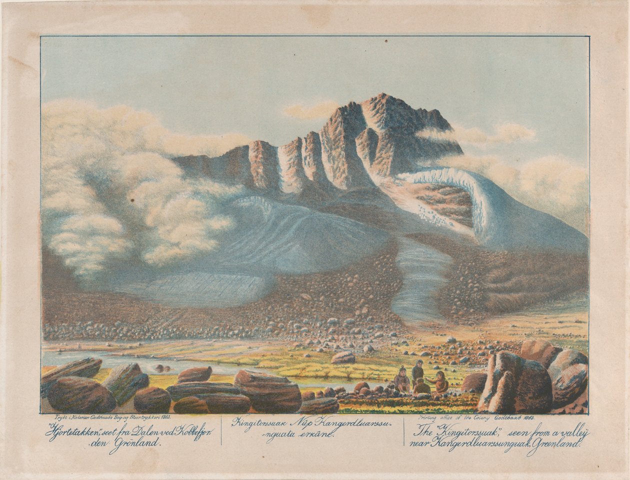 从格陵兰岛Kangerdluarssunguak附近的山谷中看到的Kingitorssuak，1863年。 作者 拉斯·穆勒