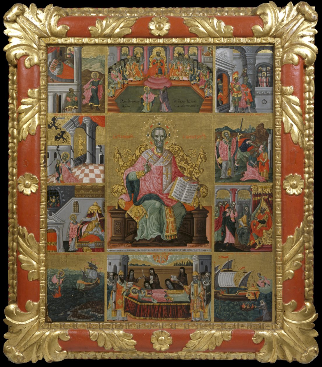 圣尼古拉斯的图标与他的生活和奇迹的场景，1733年（面板上的鸡蛋蛋白和金叶） 作者 Laskaris Leichoudis