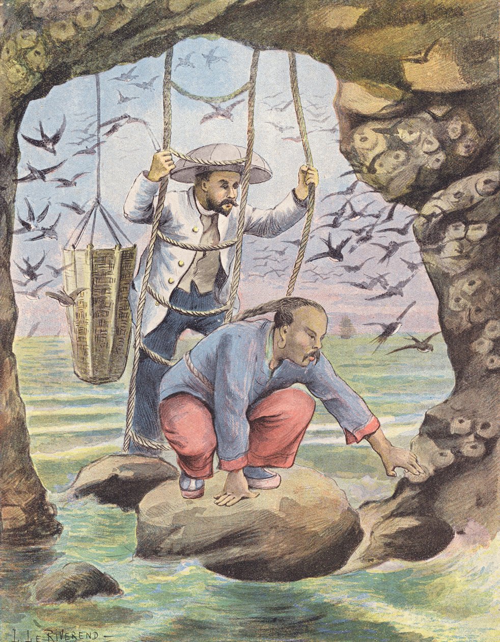 在苏门答腊岛拾燕窝（彩色石版画） 作者 劳伦斯·路易丝·勒里弗伦德
