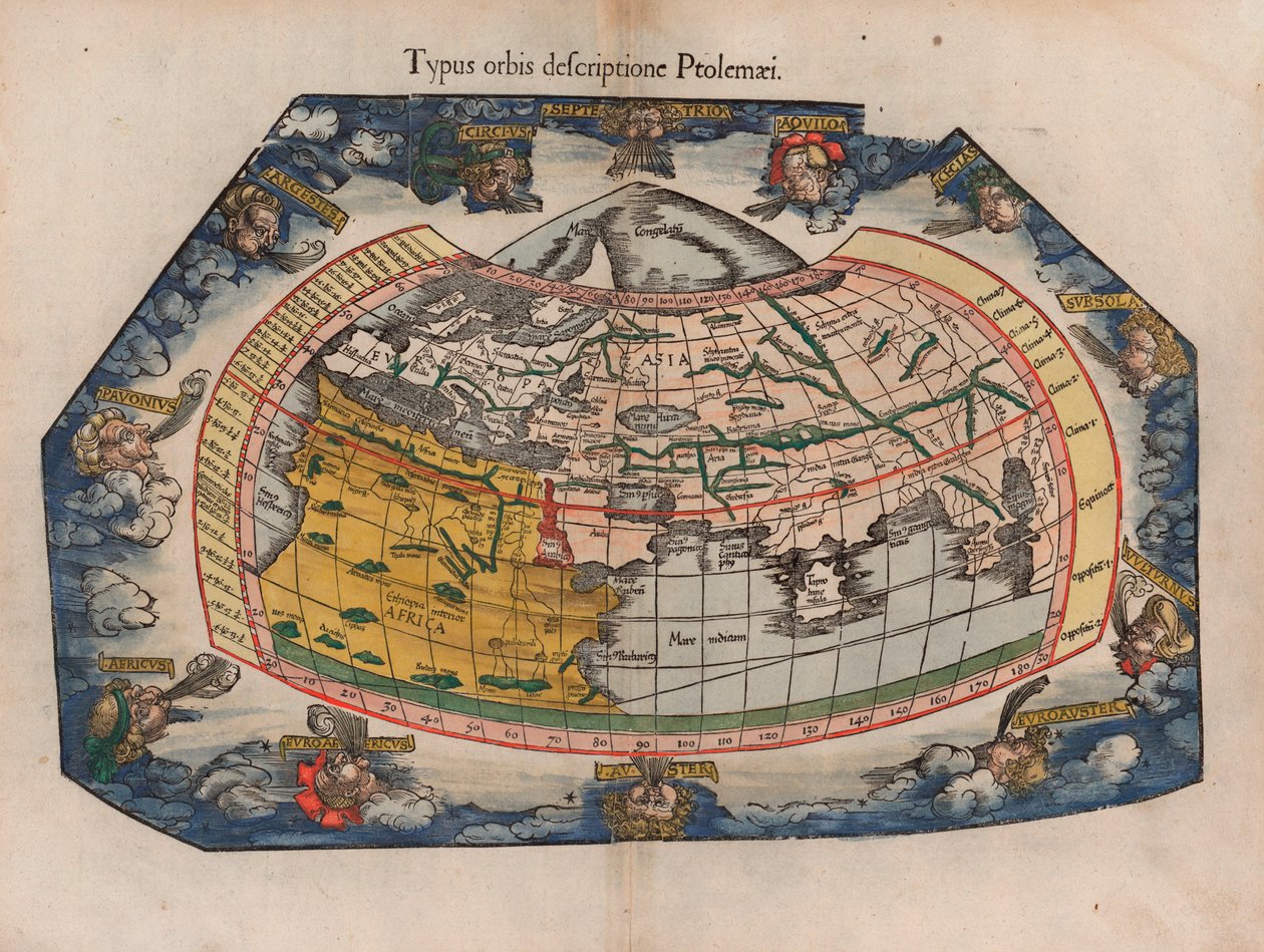 托勒密（Typus Orbis Descriptione Ptolemaei）写下的世界地图，来自加斯帕·特雷瑟尔（Gaspar Trechsel）1541年劳伦·弗里斯（Laurent Fries）重印了他的1522年托勒密地理地图 作者 洛朗·弗里斯