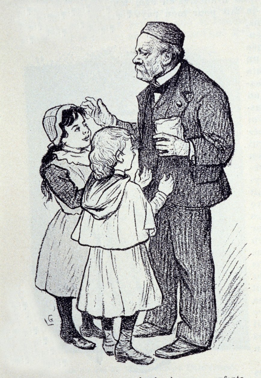 Louis Pasteur (1822-1895) 的肖像，法国化学家和物理学家向研究所的孩子们赠送糖果。 Lucien Laurent-Gsell (Laurent Gsell) (1860-1944) 的素描。 DR 作者 洛朗·卢西安·格塞尔