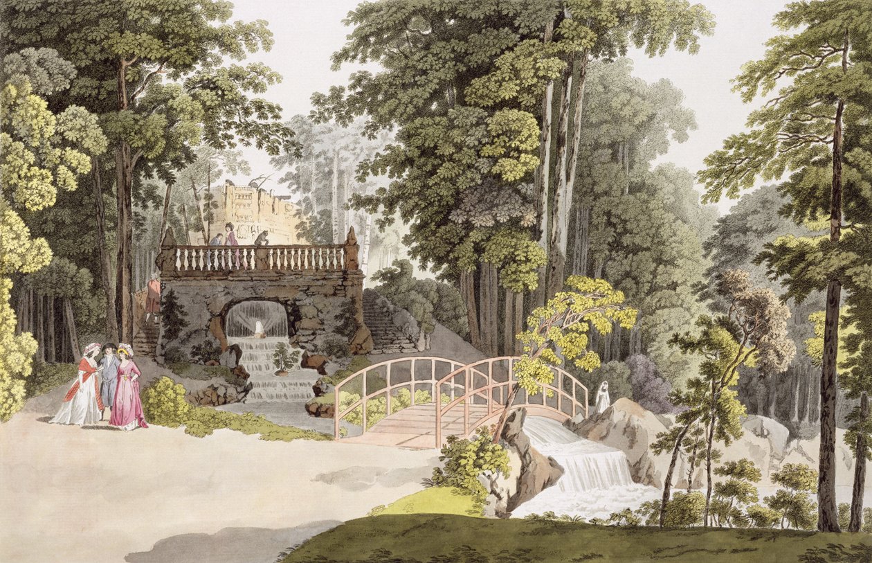 维也纳Erlaw的级联景观，来自维也纳的“欢乐花园”，由Johann Ziegler（1750-c.1812）雕刻，c.1790 作者 劳伦斯詹沙