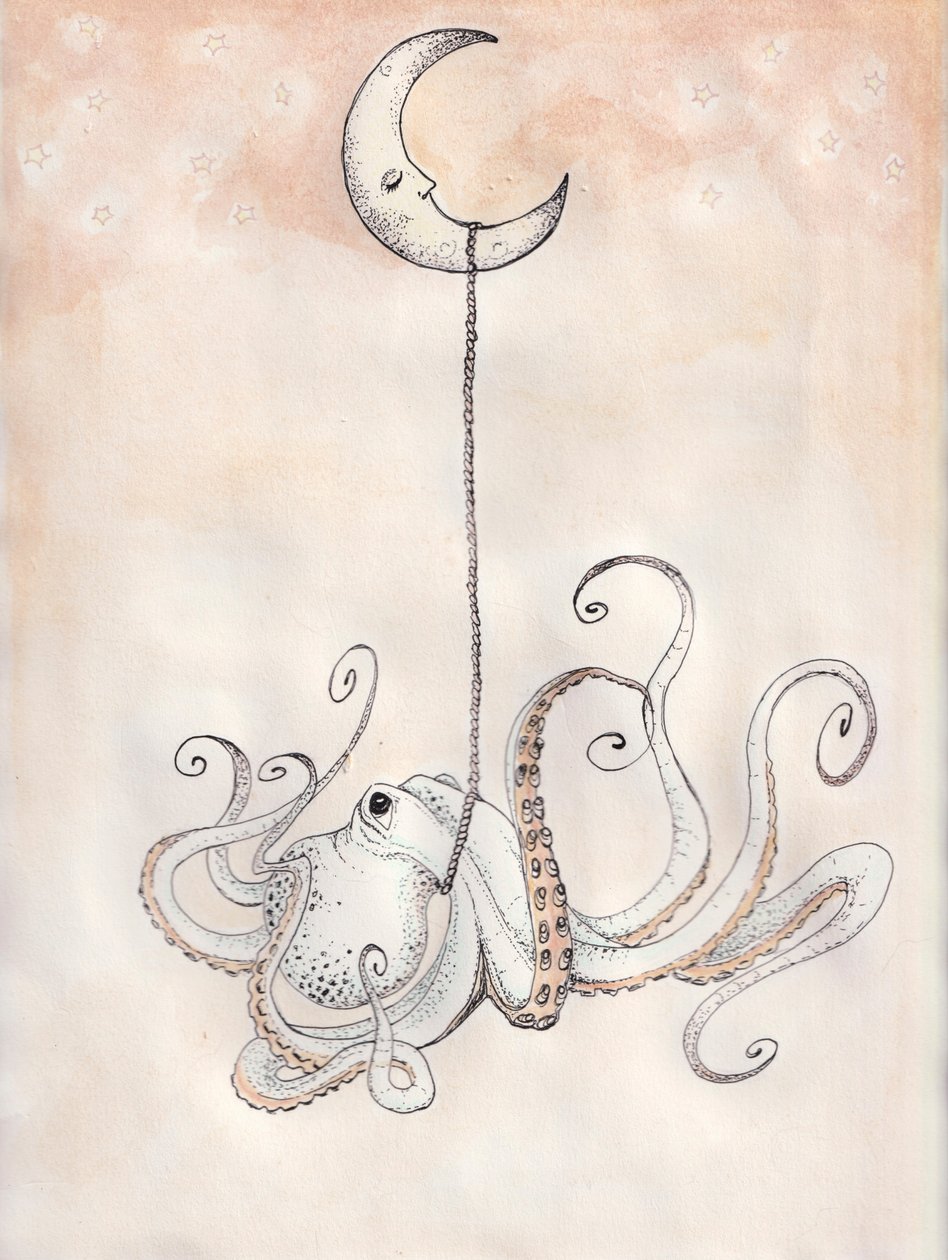 晚安章鱼，2025 年（水彩和水墨，水彩纸） 作者 