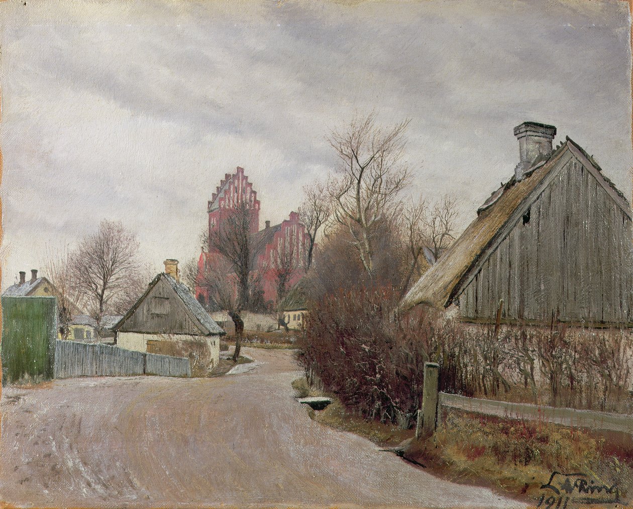 Gade i Hoje Taastrup（乡间小路，有小屋和一座高大的教堂），1911年 作者 劳瑞特的安徒生戒指