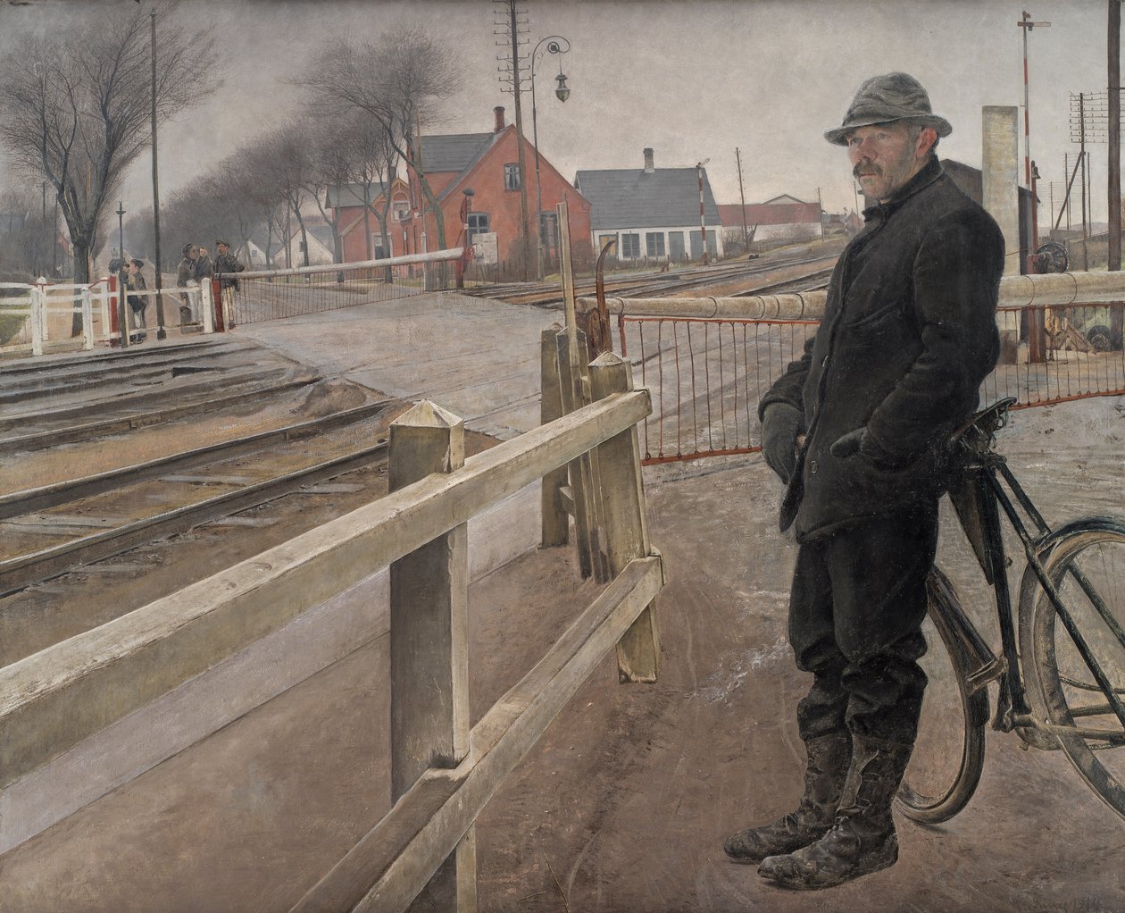 等待火车。罗斯基勒公路旁的平交道，1914年。 作者 劳瑞特的安徒生戒指