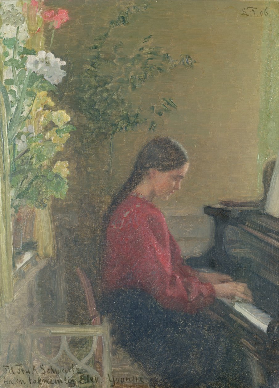 艺术家的女儿伊冯娜在弹钢琴，约1905年（布面油画）。 作者 Laurit 的洒水器 Tuxen