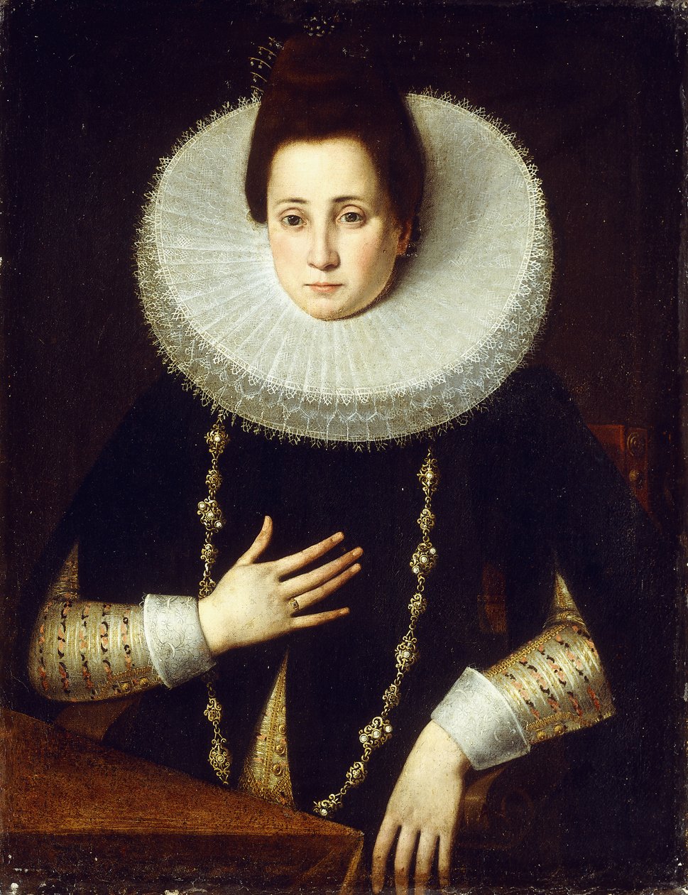 一位女士的肖像，坐半身，穿着一件黑色服装，白色的衣领 作者 Lavinia Fontana