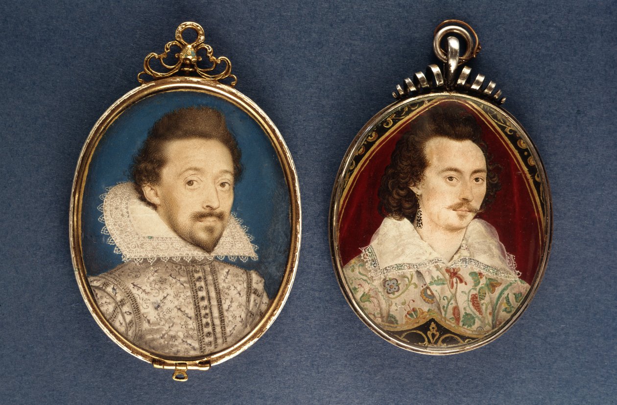 左：劳伦斯希利亚德的一个年轻人的肖像，c.1620。右：Nicholas Hilliard（1547-1619）年轻人的肖像，1585年 作者 劳伦斯·希利亚德