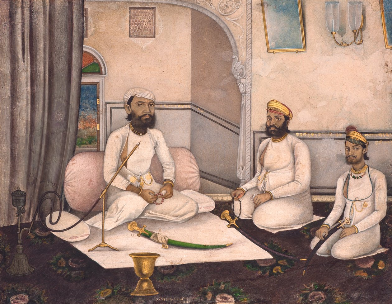 Thakur Sahab Samadar Karanji与Kabraji Mukandra Karanji Sahab和Bho Raj Cha，1875年（纸上不透明的黄金和黄金） 作者 拉克西米·纳拉扬（Laxmi Narayan）