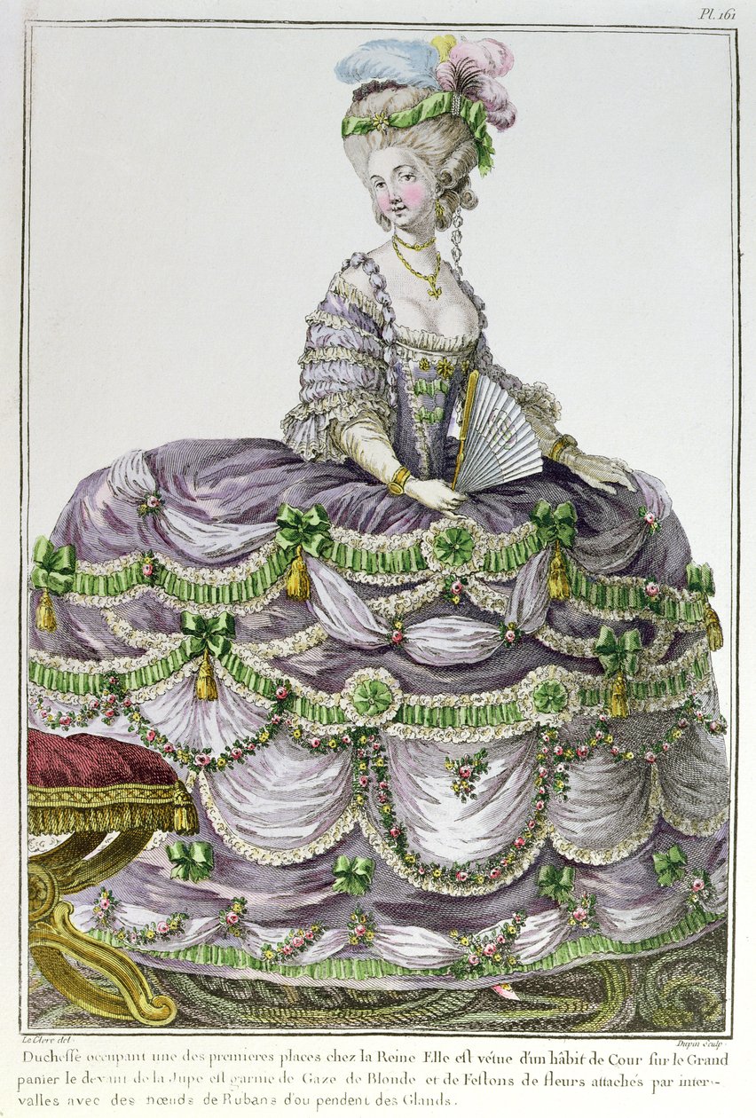 路易十六宫的一位公爵夫人身穿一件带有恐慌的连衣裙，来自&39;Galerie des Modes et Costumes&39;的第161号盘子，由Dupin雕刻，c.1778-87 作者 勒克莱尔