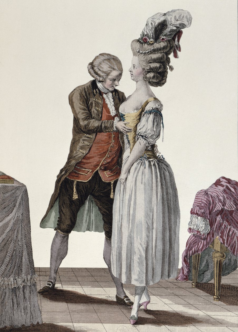 一位裁缝试穿一件女士的时尚紧身胸衣，来自&39;Galerie des Modes et Costumes&39;的版画，由Dupin雕刻，c.1778-87 作者 勒克莱尔