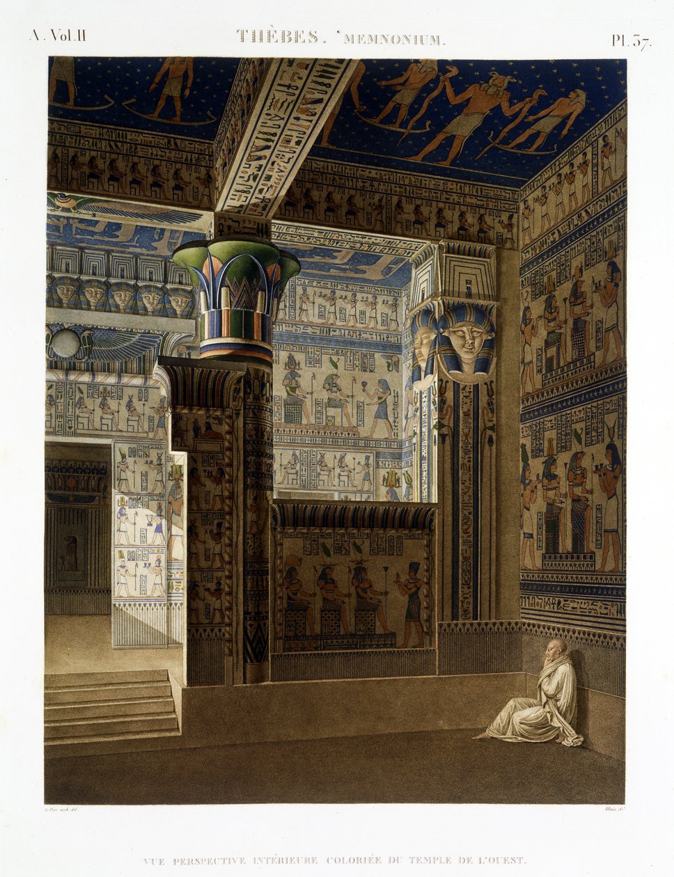 Memondeium，底比斯，从埃及描述的第二卷板37的内部视图，由Allais刻，1822年（aquatint） 作者 勒佩雷