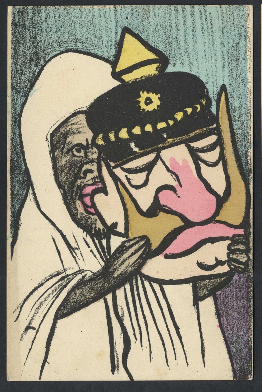 明信片，彩色讽刺画，约 1905 年：德国普鲁士、摩洛哥 - 威廉二世 - Leal de Camara（1877-1948 年）插图 作者 里尔·德·卡马拉