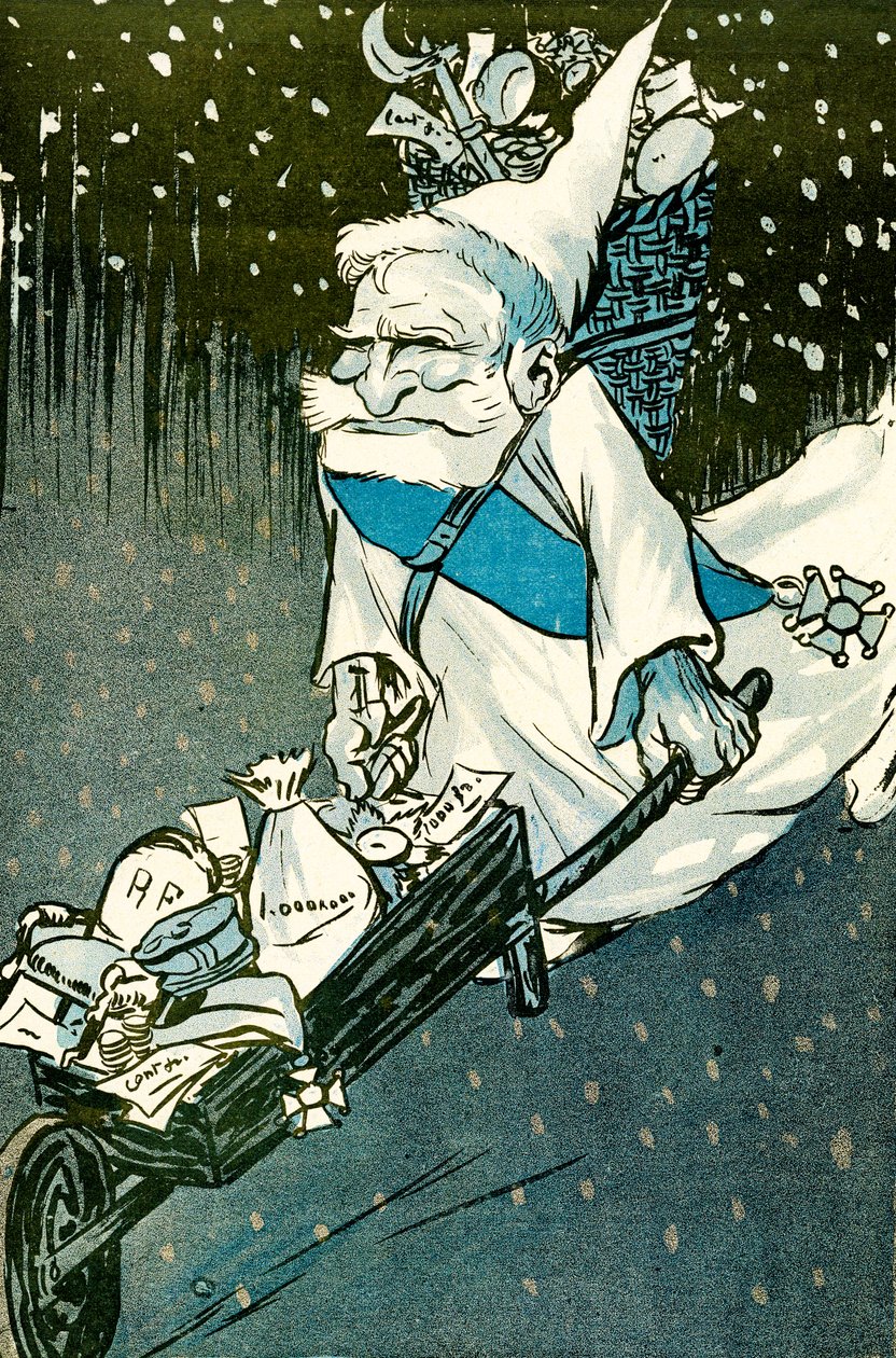 大孩子们的圣诞节--法国总统埃米尔-卢贝装扮成圣诞老人，手推车里装着给大人的礼物。1905.平版 作者 里尔·德·卡马拉