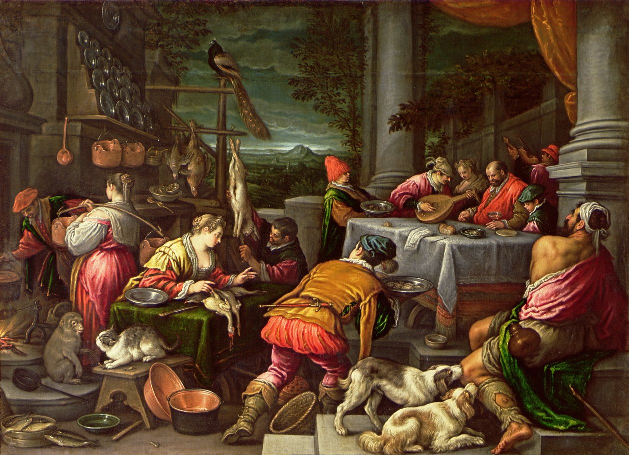 富人和拉撒路，1590-95 作者 Leandro da Ponte Bassano