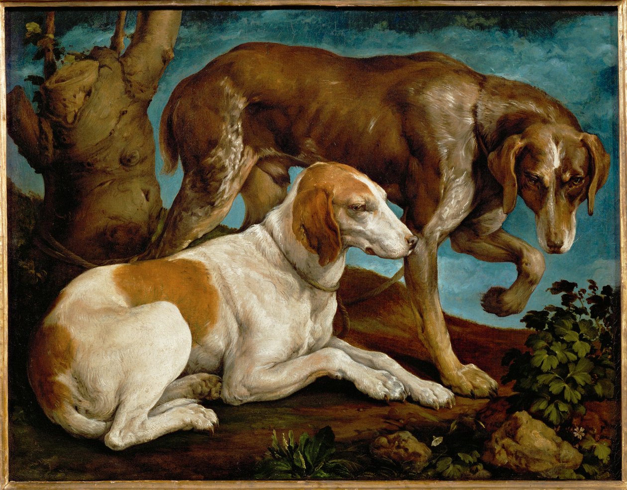 Deux chiens de chasse lies a une souche - 两只猎狗被绑在树桩上... 作者 Leandro da Ponte Bassano