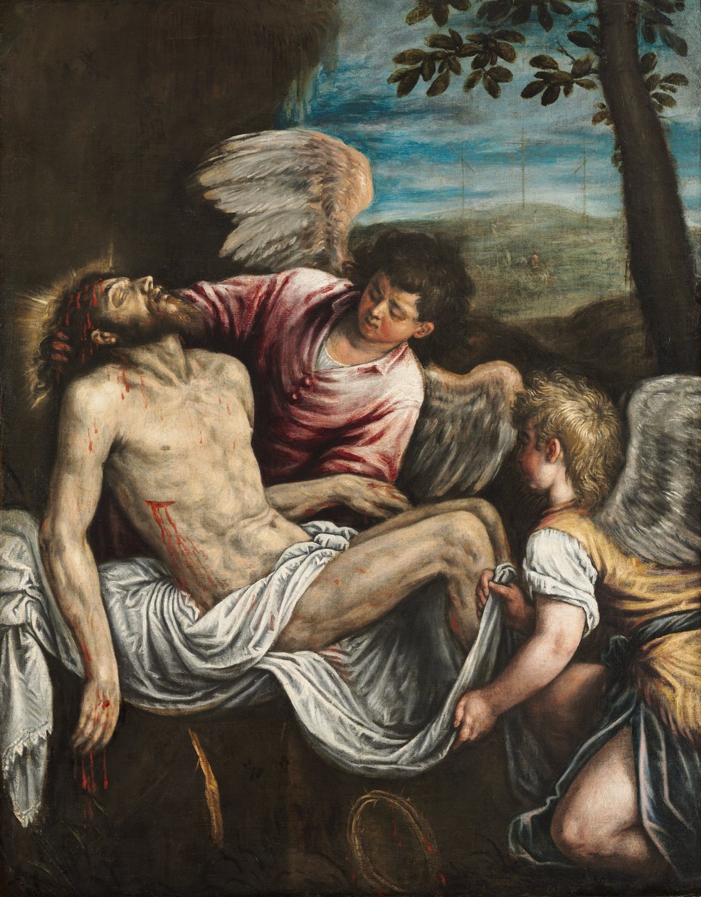 死去的基督与天使，c。 1580（布面油画） 作者 Leandro da Ponte Bassano