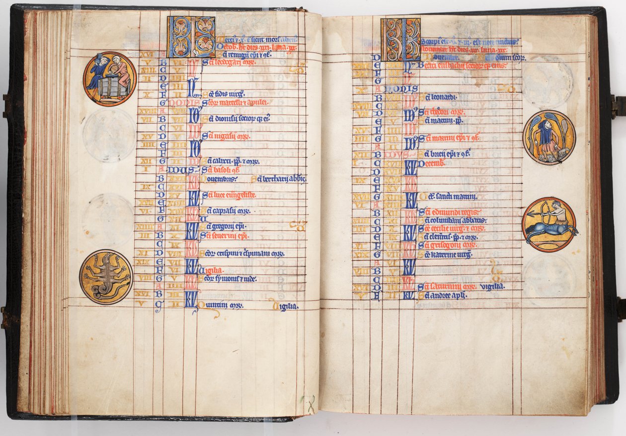 刘易斯Psalter，开放显示10月和11月的日历页，12.25-50（牛皮纸上的蛋彩画） 作者 莱伯集团