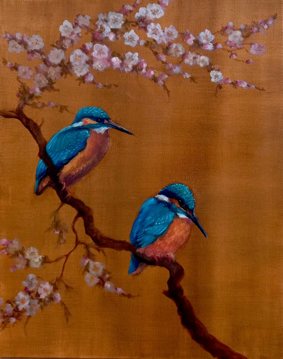 两只翠鸟和苹果花，2021年（布面油画） 作者 李·坎贝尔