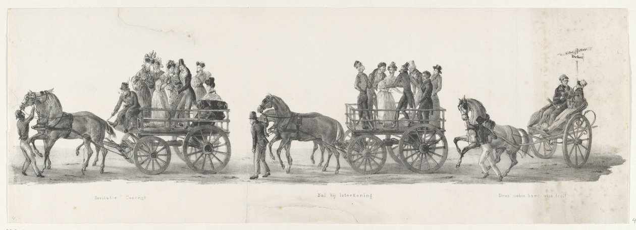音乐会、舞会和醉酒学生的邀请函，1835 年
邀请音乐会/Inteekening 举办的舞会/Deus nobis haec otia fecit（标题在实物上）
Leidsche Hoogeschoo 的 H.H. 学生举办的单独表演，展示了游行过程 作者 伦德特·斯普林格 (I)