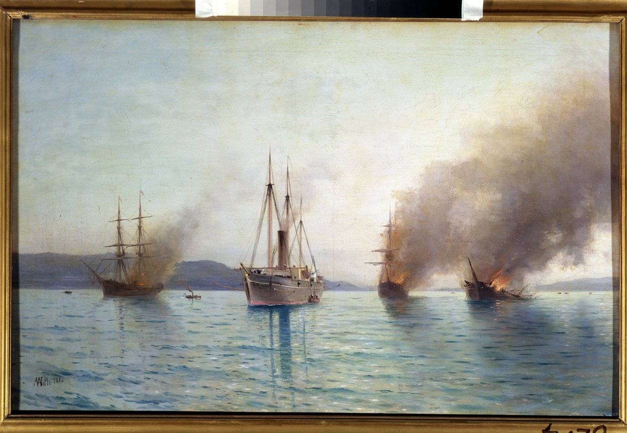 1877 年，俄罗斯 "康斯坦丁大公 "号鱼雷快艇在博斯普鲁斯海峡摧毁土耳其船只。俄土战争中的海战。 作者 Lef Feliksovich Lagorio