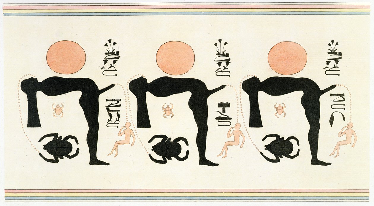 底比斯 Byban el Molouk 的情色壁画，选自 Edmonde Francois Jomard 的《埃及描述》，1809-22 年出版（彩色石版印刷）。 作者 莱根蒂尔（之后）