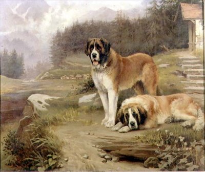 阿尔卑斯山风景中的两只圣伯纳犬 作者 莱格·萨瑟斯