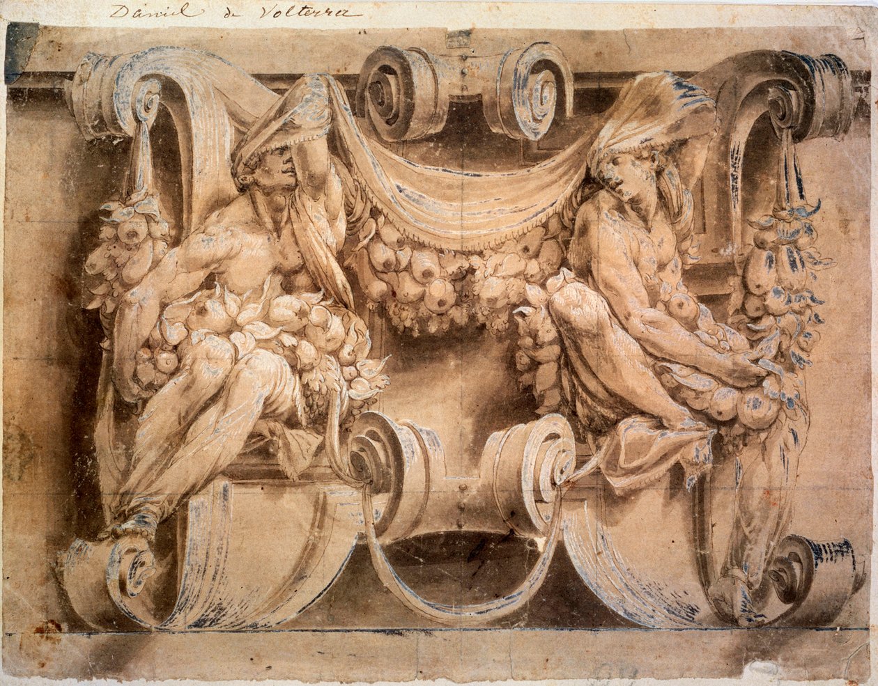 绘制带有两个Cariatides的带状装饰画，1546-1554年。 作者 里奥·奥西·达诺瓦拉