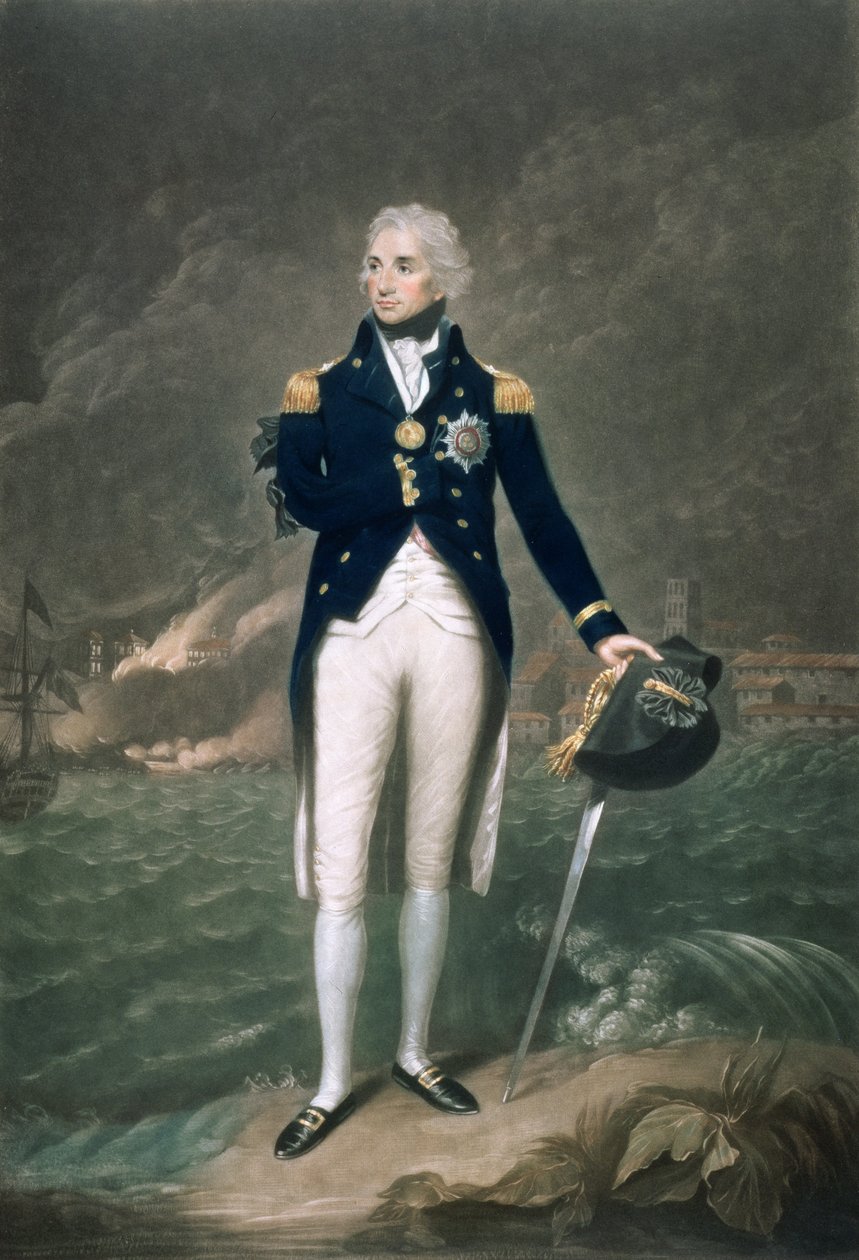 Horatio Nelson先生，KB，蓝色海军上将，由William S. Barnard（1774-1849），酒吧出版。 1798年（彩色光刻） 作者 勒缪尔·弗朗西斯·阿伯特