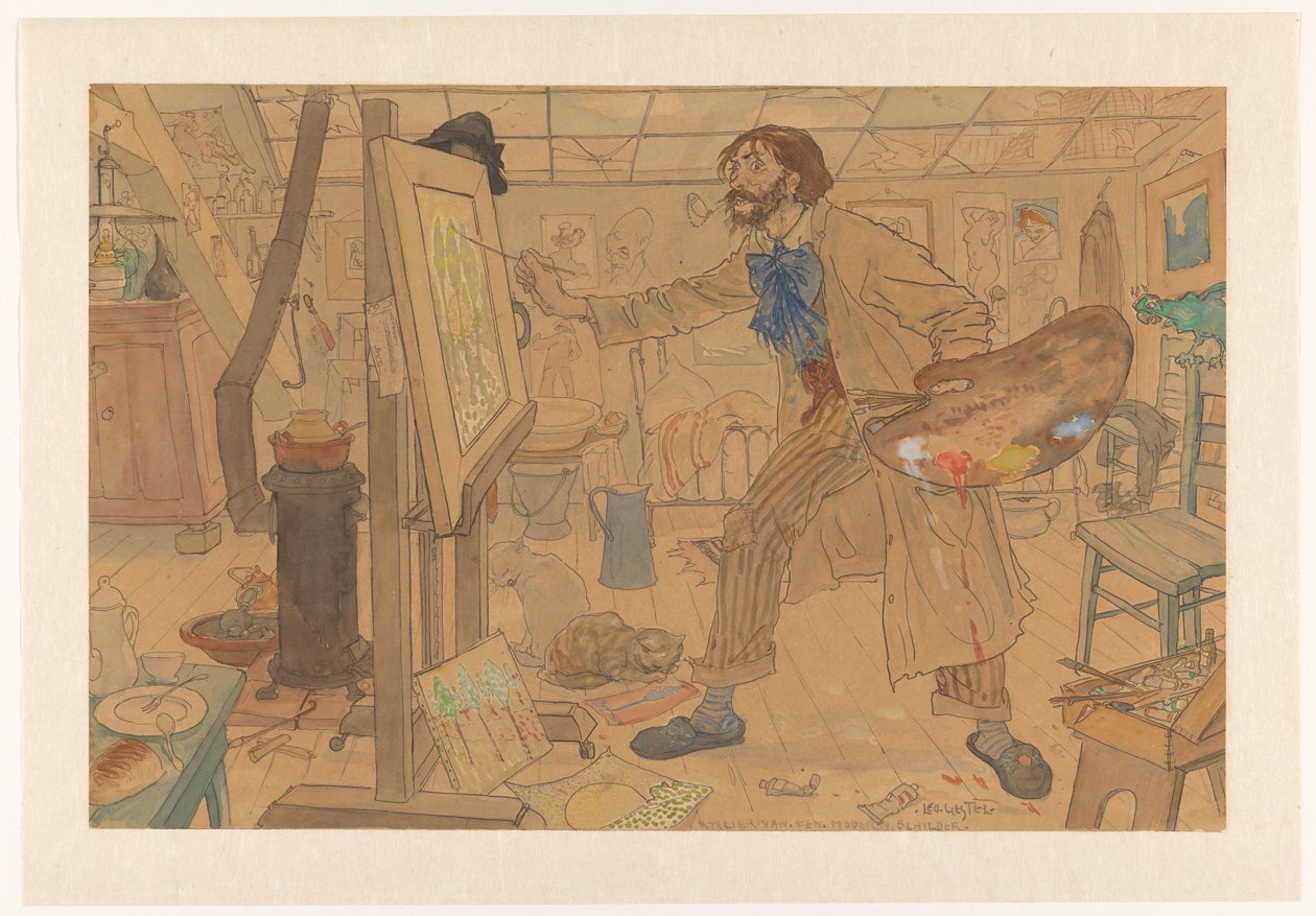 一位现代画家的工作室（物品上的原标题） 作者 Leo Gestel（艺术家签名）