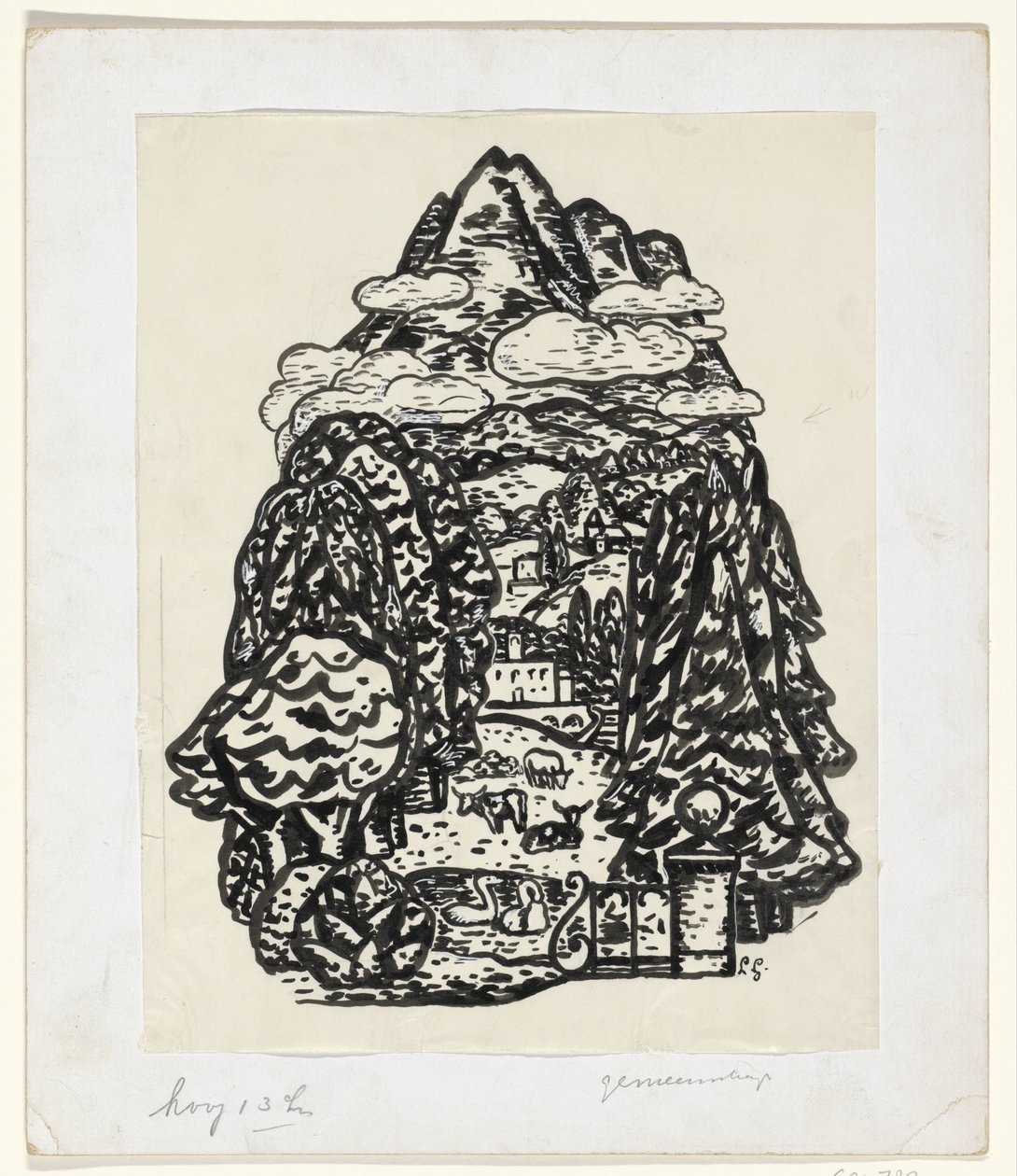 有树和牛的山风景 作者 Leo Gestel（艺术家签名）