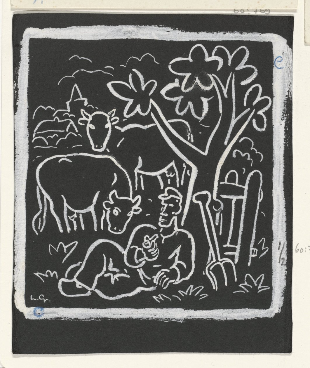 农民与牛群在草地上的树下休息 作者 Leo Gestel（艺术家签名）