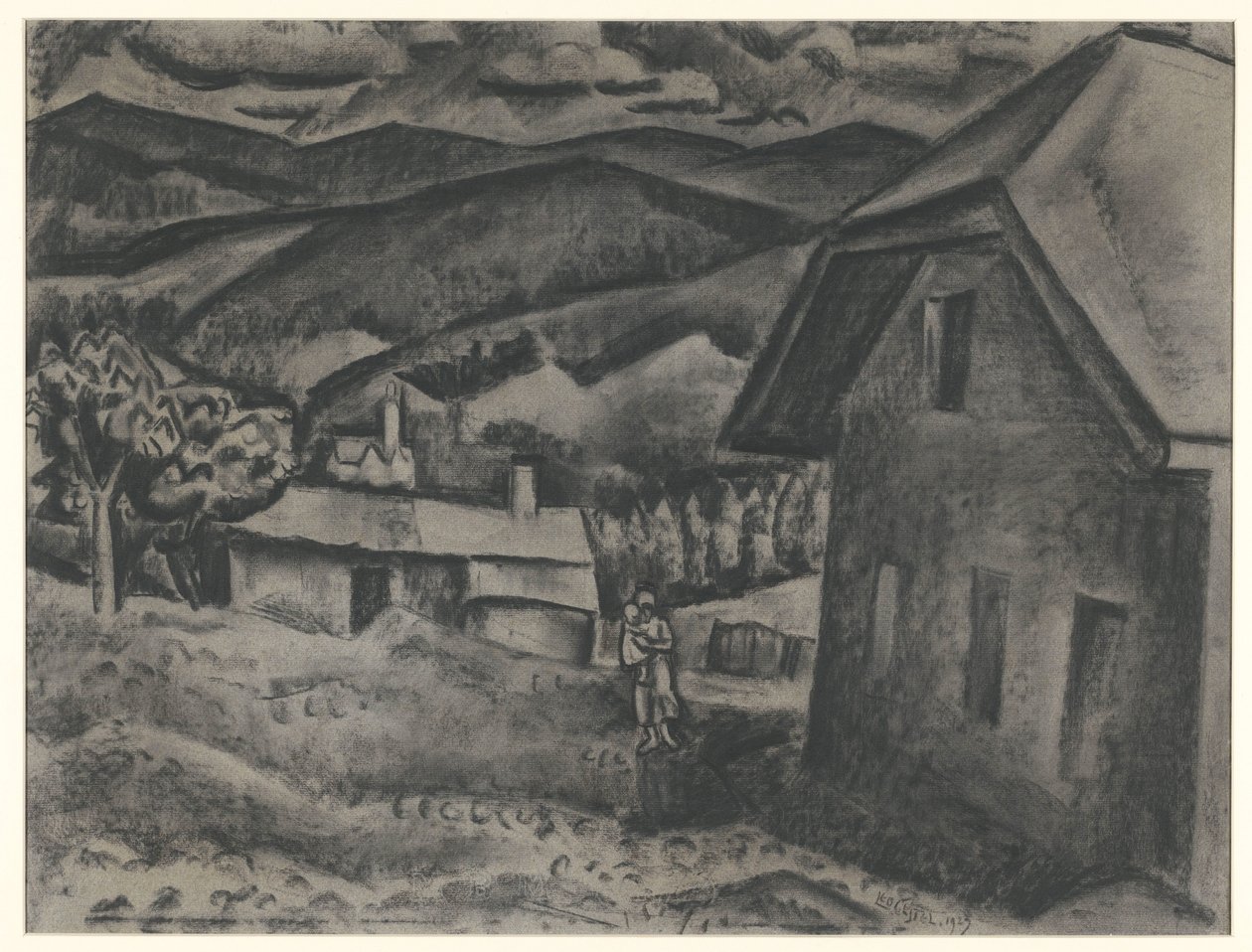 房屋前带着孩子的妇女与风景 作者 Leo Gestel（艺术家签名）