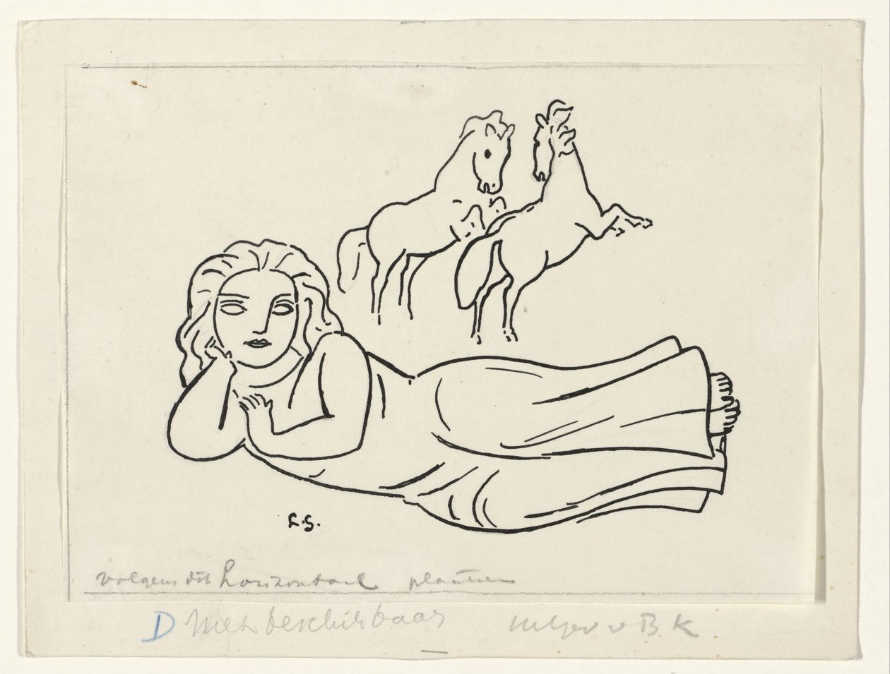躺着的女人和两匹马 作者 Leo Gestel（艺术家签名）