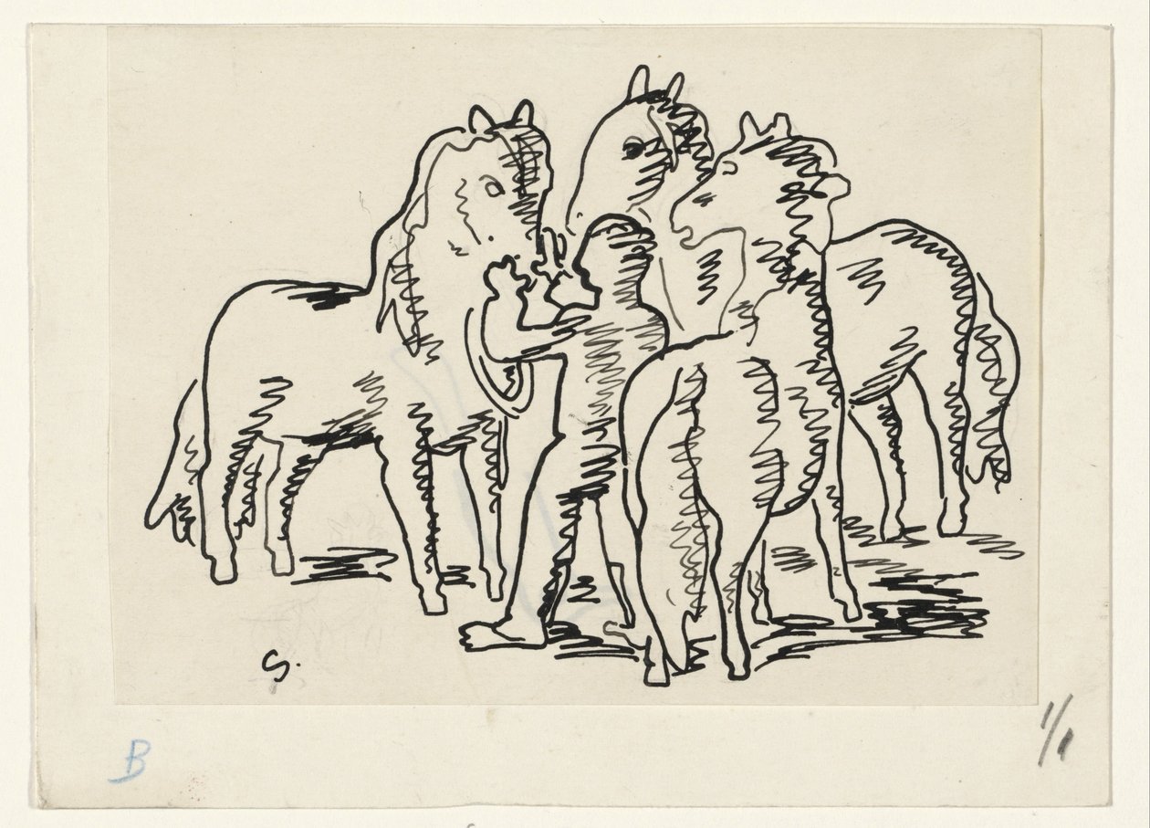 牵着三匹马的男人 作者 Leo Gestel（艺术家签名）