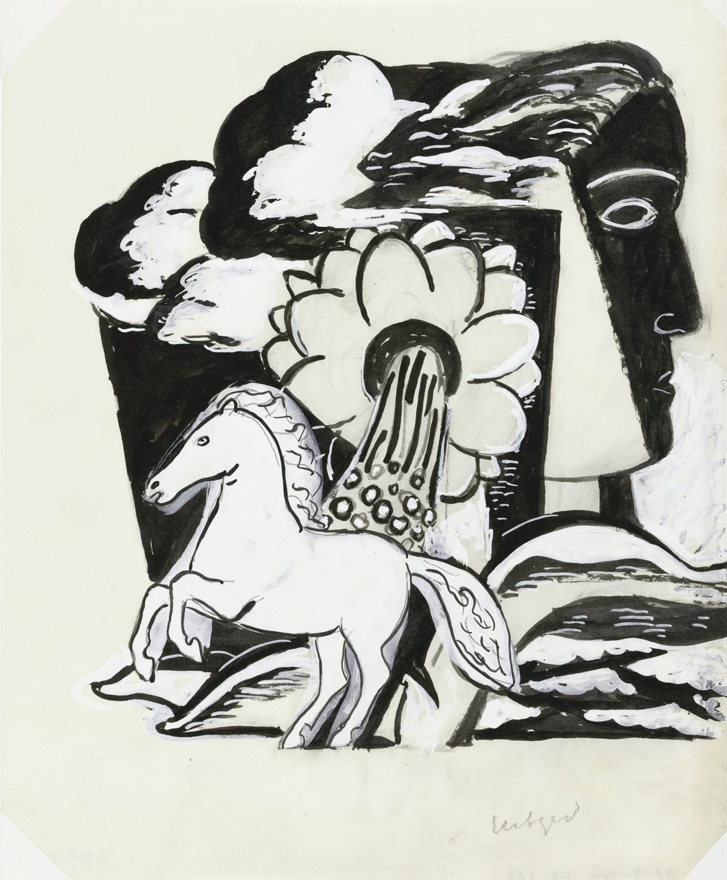 奔马、花和头（素描） 作者 Leo Gestel（艺术家签名）