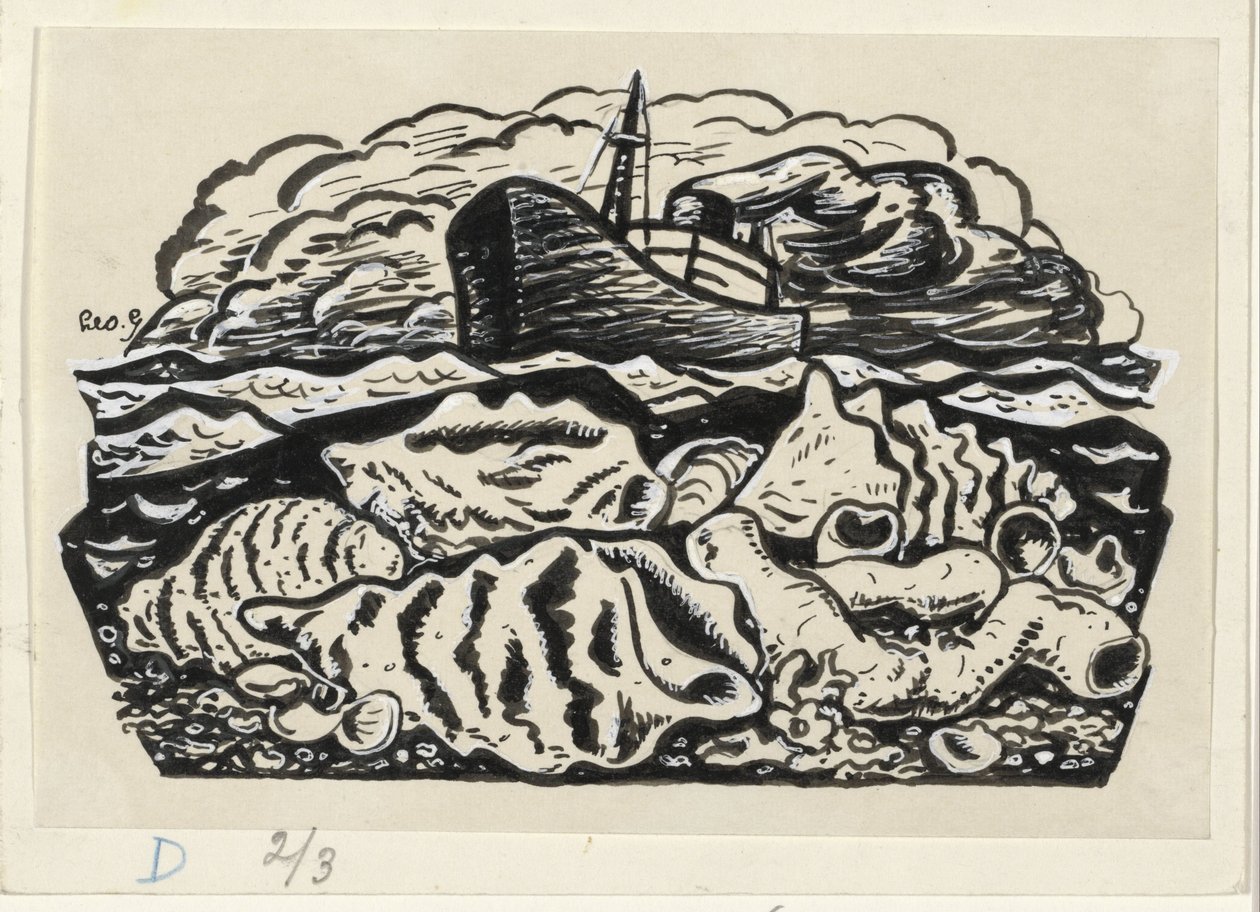 海上轮船与海滩上的贝壳 作者 Leo Gestel（艺术家签名）