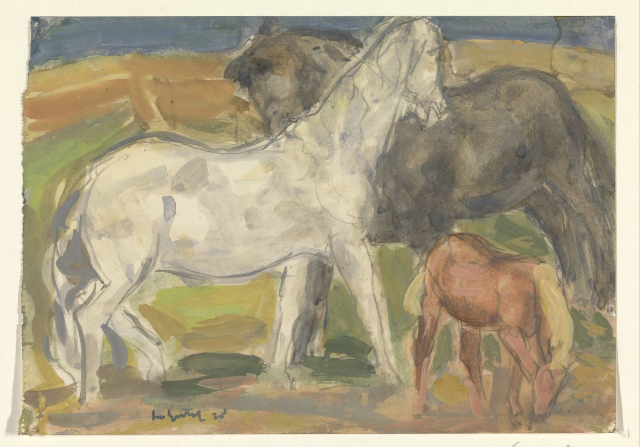 风景中的两匹马和一匹小马驹 作者 Leo Gestel（艺术家签名）