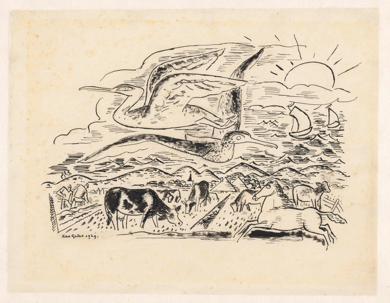 两只鸟飞过有牛的风景 作者 Leo Gestel（艺术家签名）