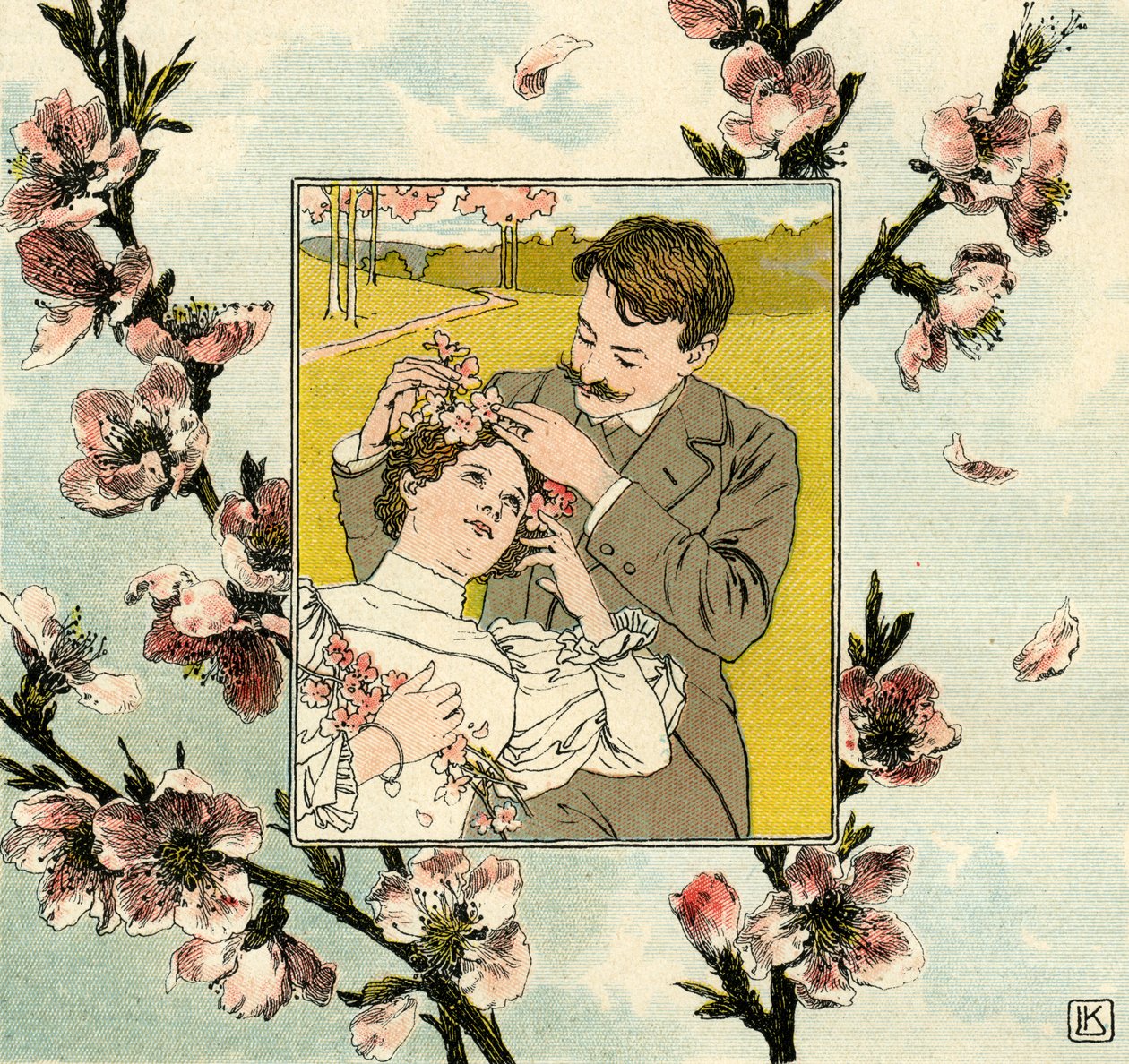 Man puts spring blossom in young woman