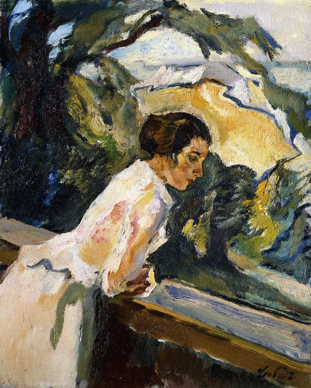 艺术家的妻子弗里达（Frieda），靠在阳台上，约c.1919-1922（布面油画） 作者 狮子座石膏