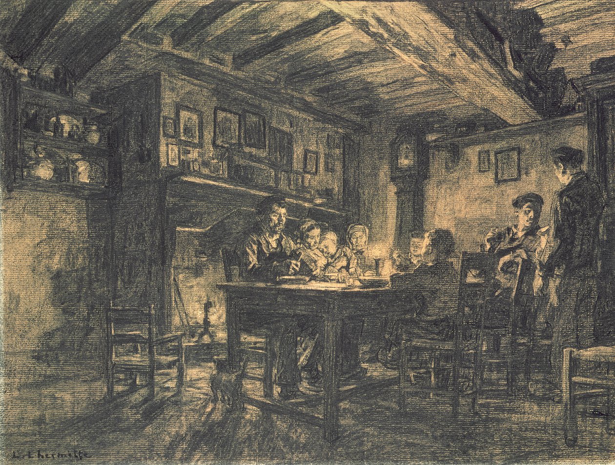 1883年晚上的家庭晚餐（纸上的木炭） 作者 莱昂·奥古斯丁·莱米特