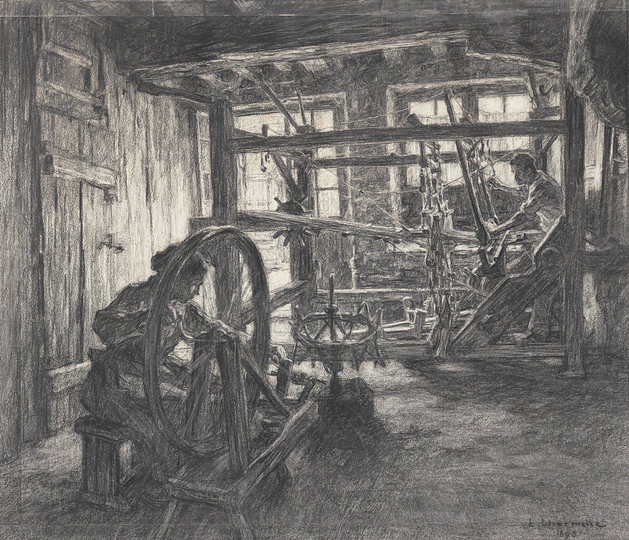 迪恩的韦弗研讨会，或者韦弗和他的妻子，1893年（纸上的木炭） 作者 莱昂·奥古斯丁·莱米特
