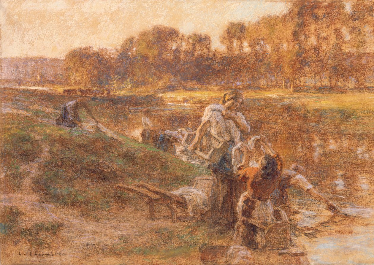 被日光照射了河风景的Washerwomen 作者 莱昂·奥古斯丁·莱米特