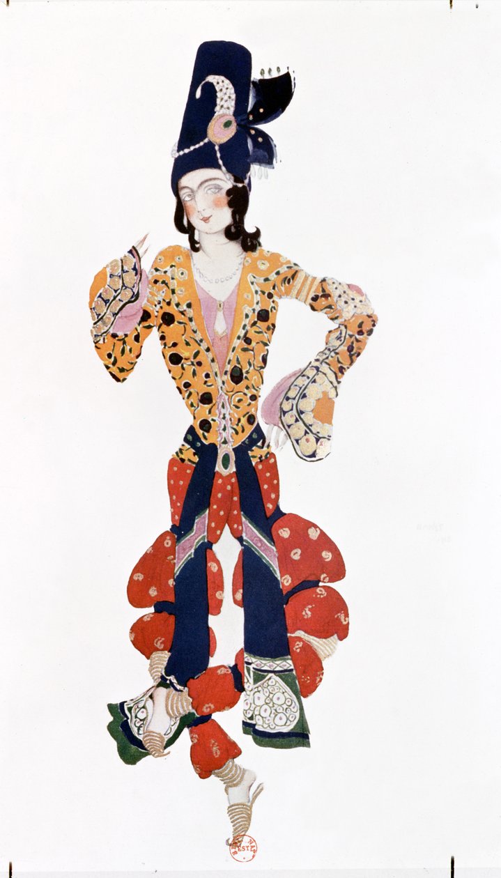 Nijinsky（1890-1950）在Rimsky-Korsakov（1844-1908）芭蕾舞剧“Scheherazade”中的服装，由Michel Fokine编舞（1880-1942）1910 作者 莱昂·巴克斯特
