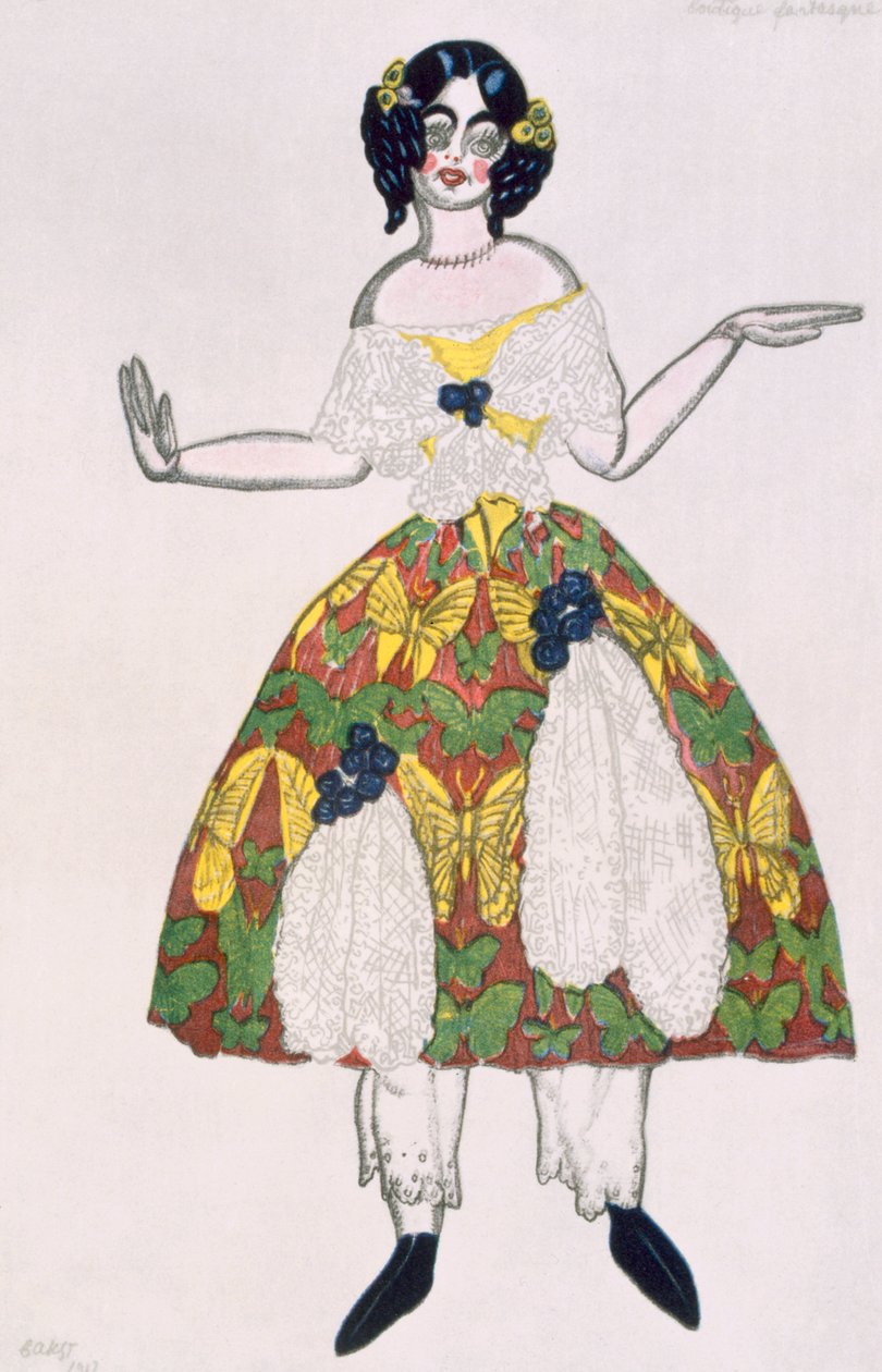 女性木偶的服装，来自La Boutique Fantastique，1917年 作者 莱昂·巴克斯特