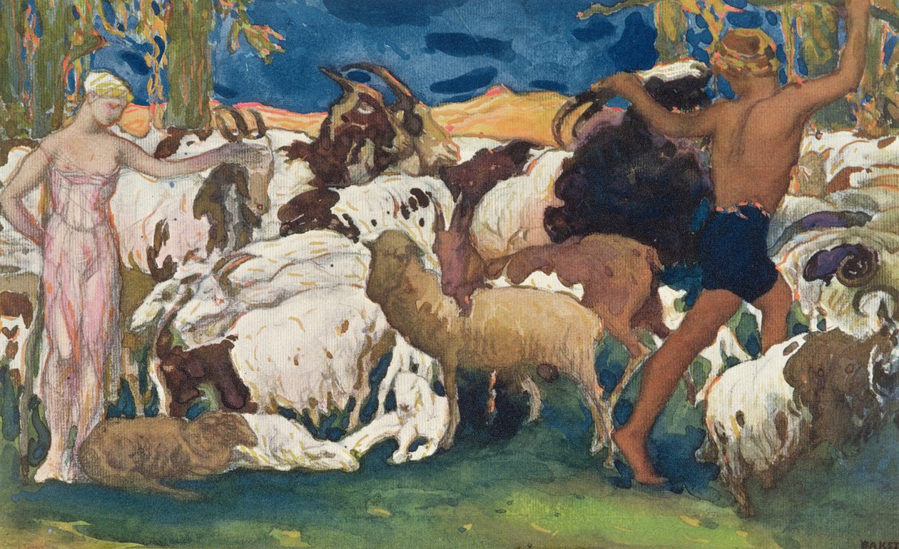 Daphnis和Chloe互相招标，晚安，设计装饰面板，来自Daphnis和Chloe，c.1912 作者 莱昂·巴克斯特