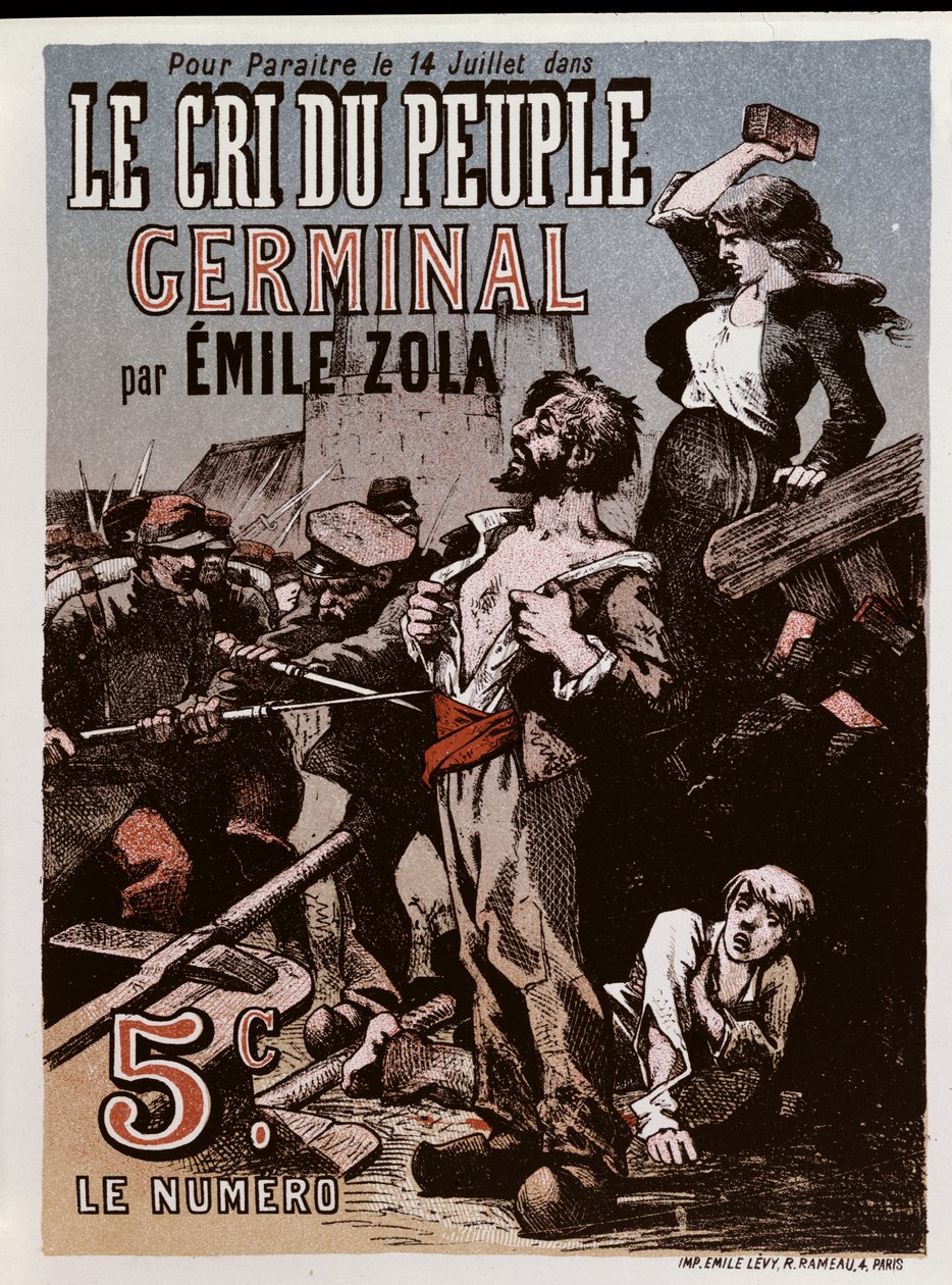海报通过Emile Zola（1840-1902）在“人民的哭泣”中宣传&39;Germinal&39;的出版物 作者 里昂·乔布拉克