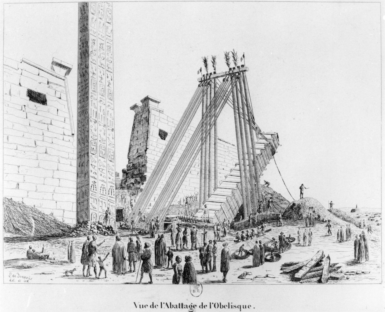 1835年，从卢克索神庙（Campagne Pittoresque de Luxor）的卢克索神庙（Luxor Temple）拉下方尖碑 作者 莱昂·德·琼尼斯