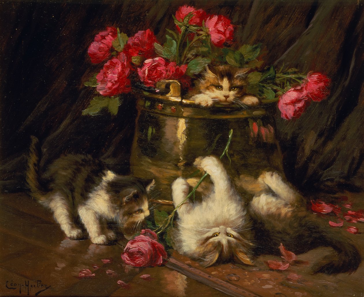 嬉戏的小猫（布面油画） 作者 莱昂·查尔斯·胡伯